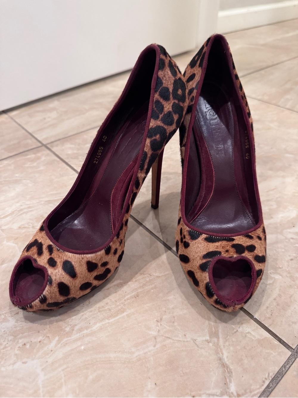 Alexander McQueen Leopard Print Peep-Toe Heels with Burgundy Trim